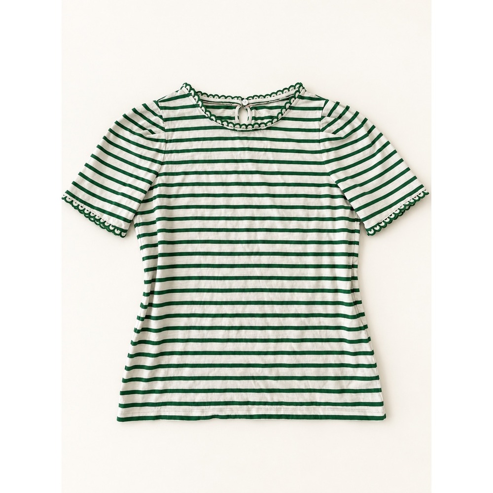 Boden Ali Trim T-Shirt US 4 Green Ivory Stripe Scallop Cotton Top